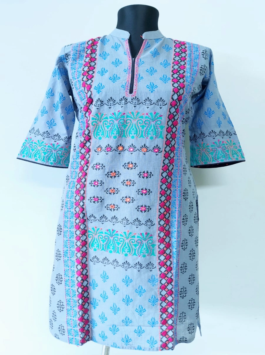 Emerald & Teal Floral Printed Cotton Kurti