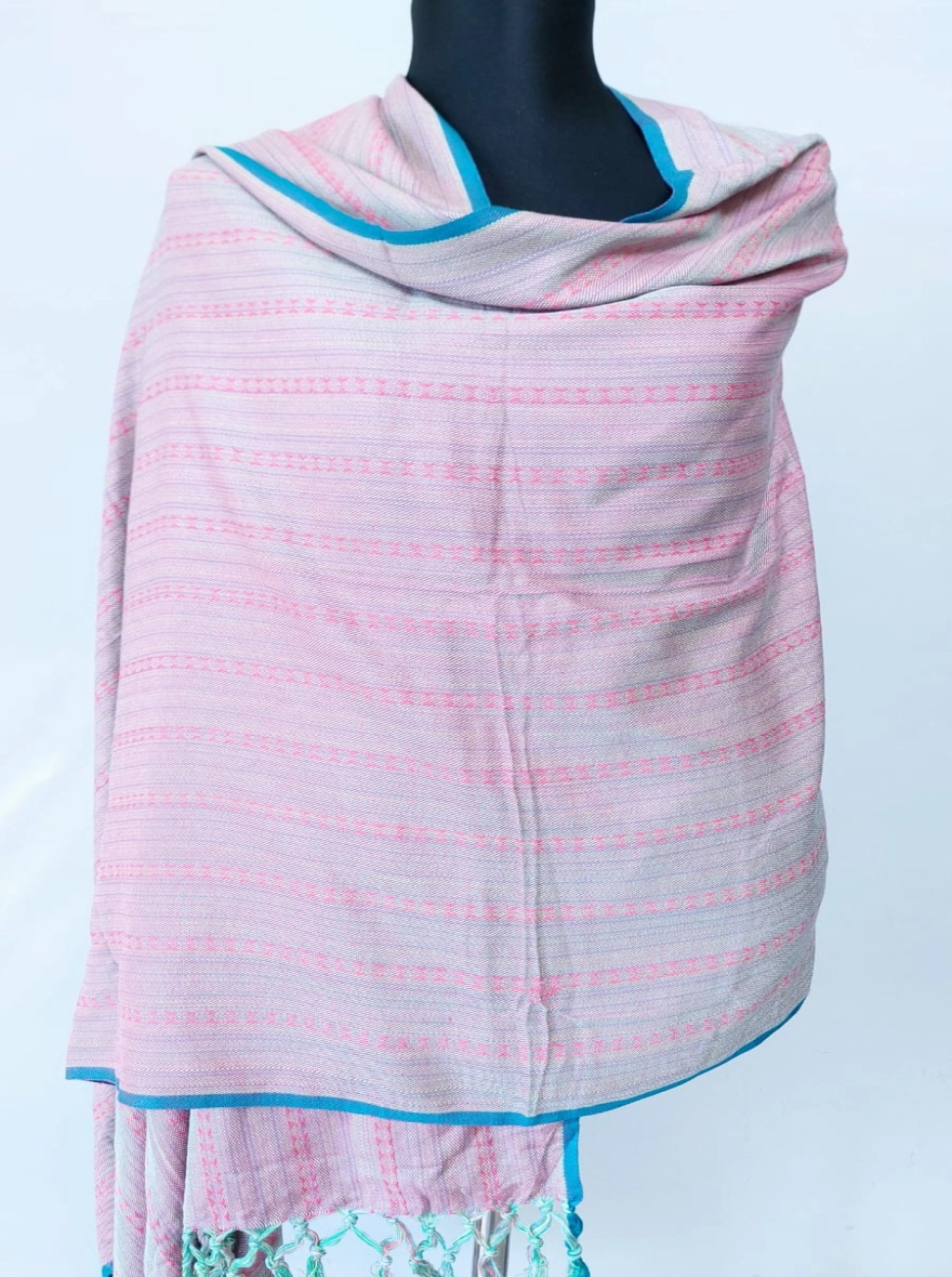 Pastel Pink Woven Shawl with Turquoise Border