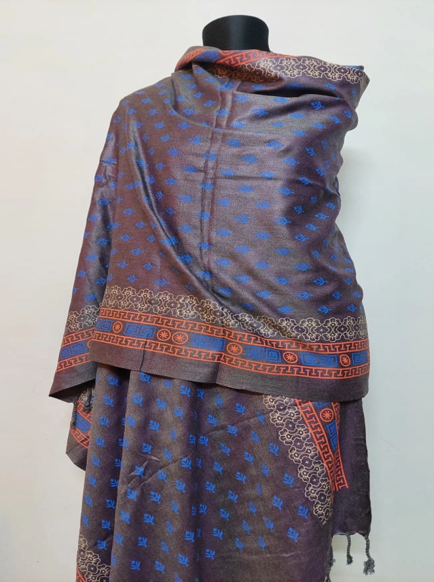 Luxurious Jacquard Pattern Shawl - Slate Grey with Blue & Orange