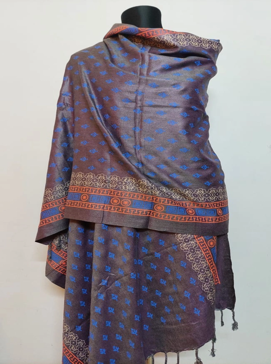Handloom Blend Shawl with Maroon Traditional Print and Tassels