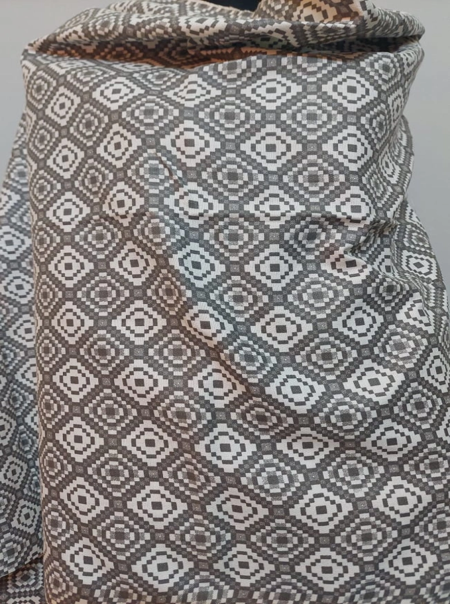 Hand-Woven Diamond Geometric Shawl with Striped Border - Mocha