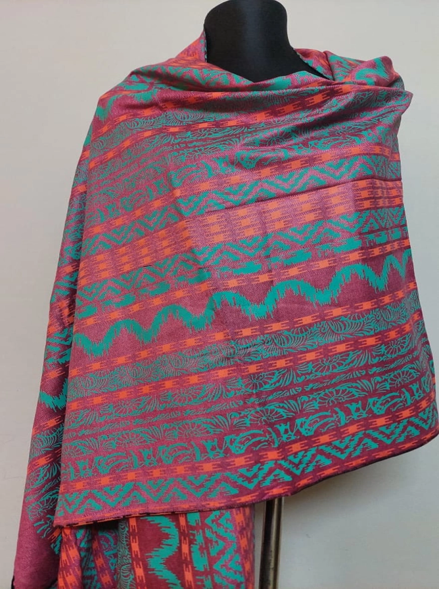 Festive Jacquard Shawl with Chevron and Paisley Motifs - Berry & Aqua
