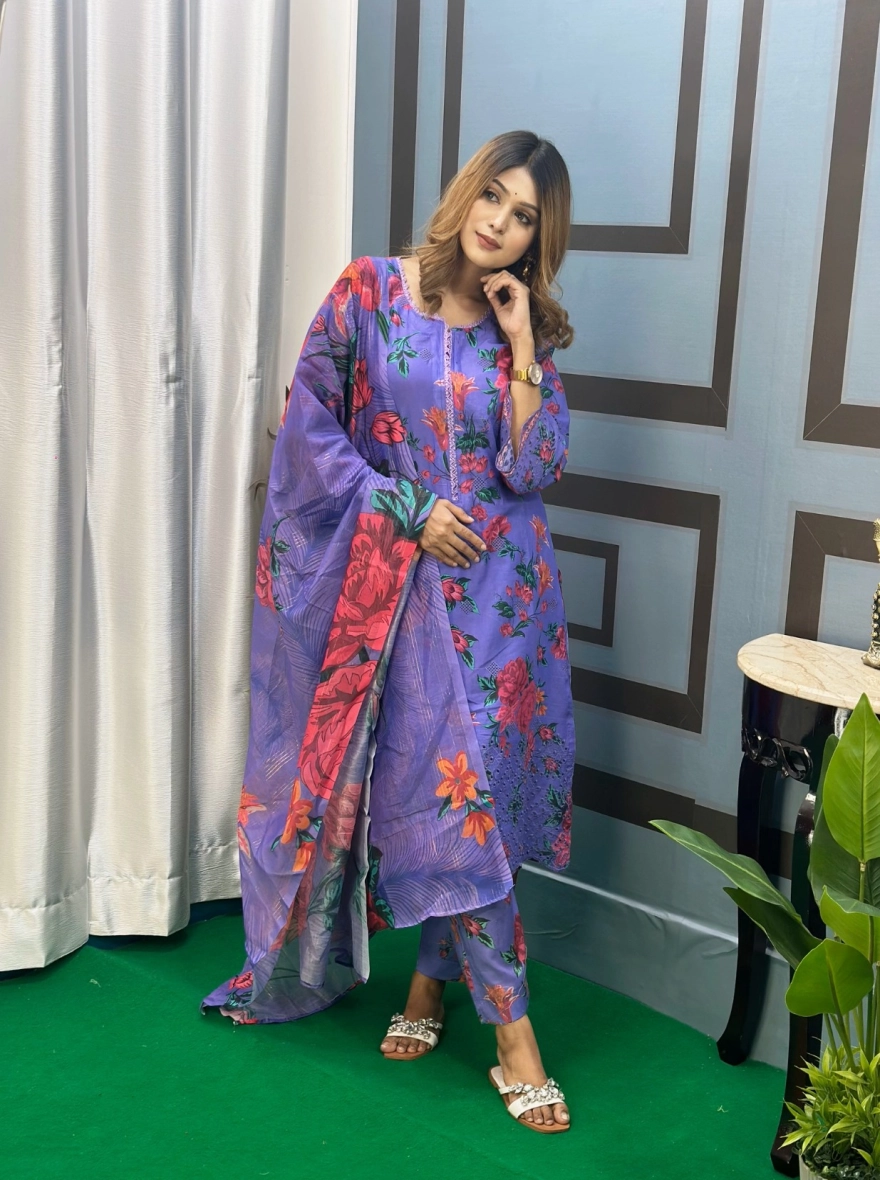 Azure Blue Embroidered Three-Piece Cotton Set