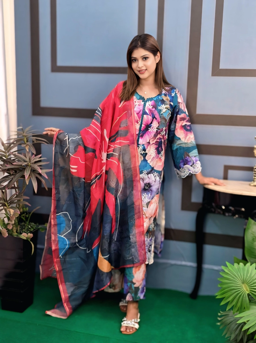 Azure Blue Embroidered 3-Piece Cotton Set