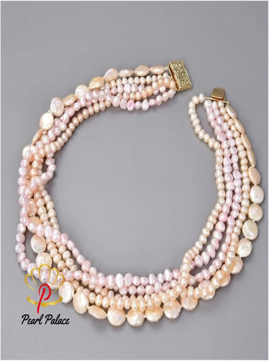 5Rows Natural Pink Coin Cultured Baroque Fancy  Necklace Jewelry 18-19inch .