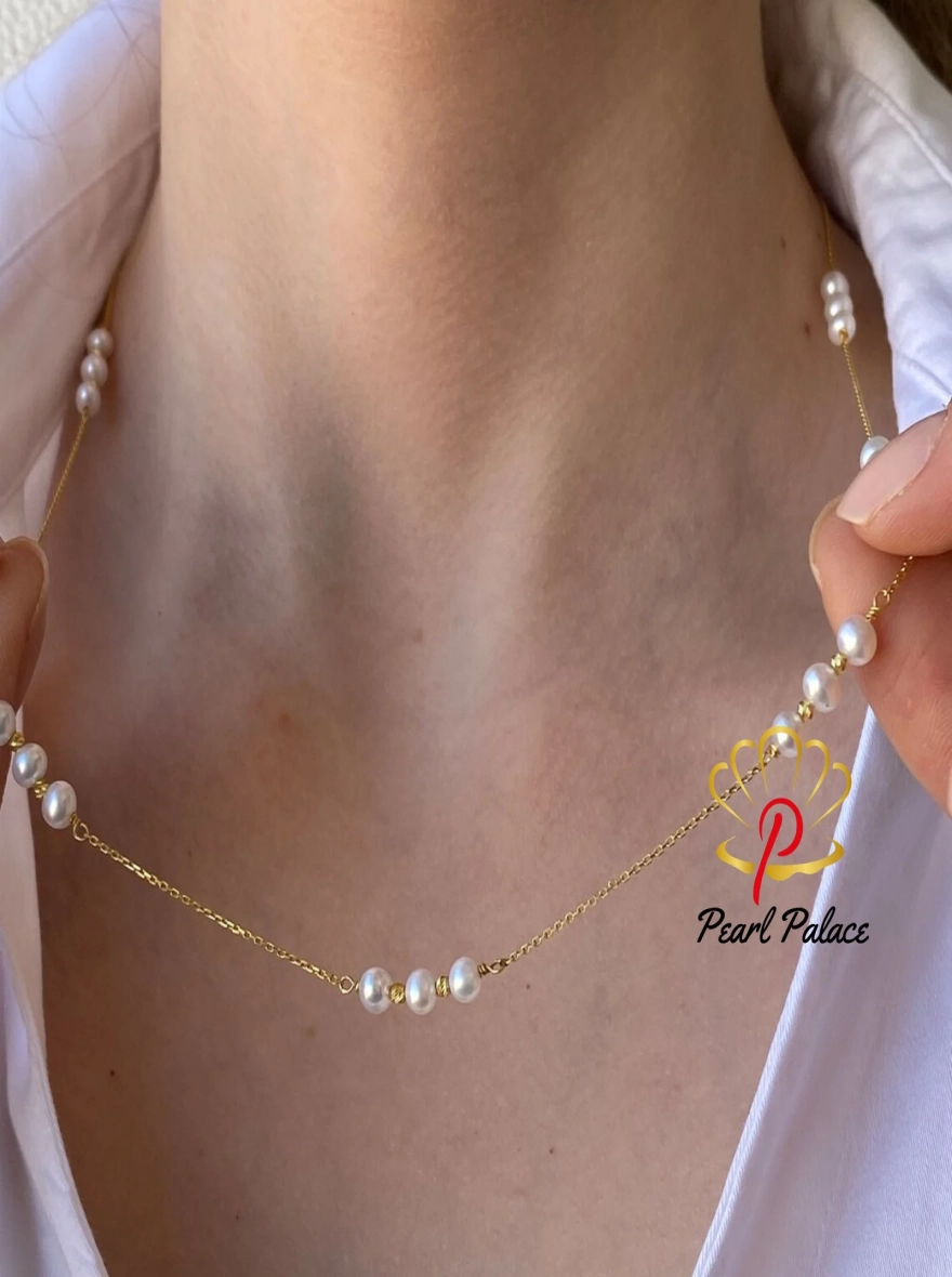 14K Gold Handmade Pearl Chain Link Necklace for Women