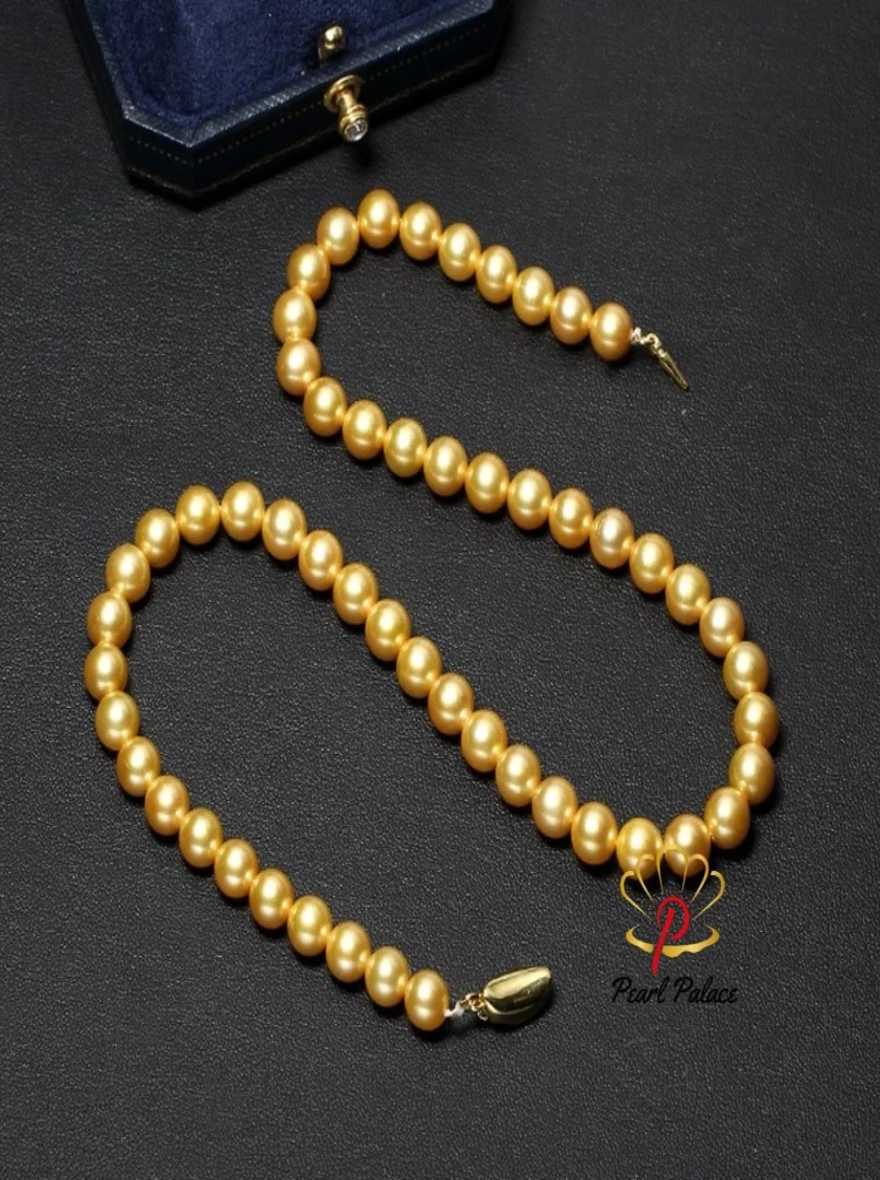 Charming 11-12mm Natural Marine Real Gold Round Pearl Necklace Jewelry.