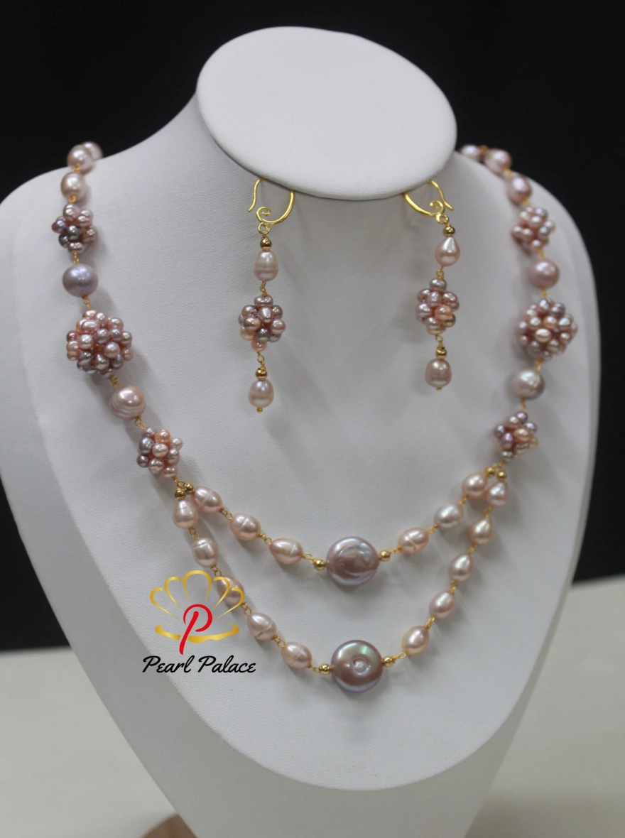 Rice Pearl, coin pearl necklace set with earrings.