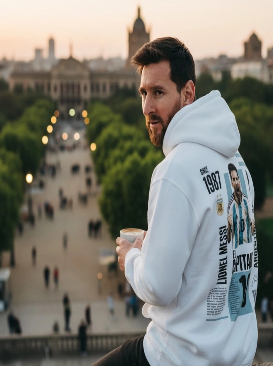 Messi Icon Pullover White Hoodie with Black & Blue Logo