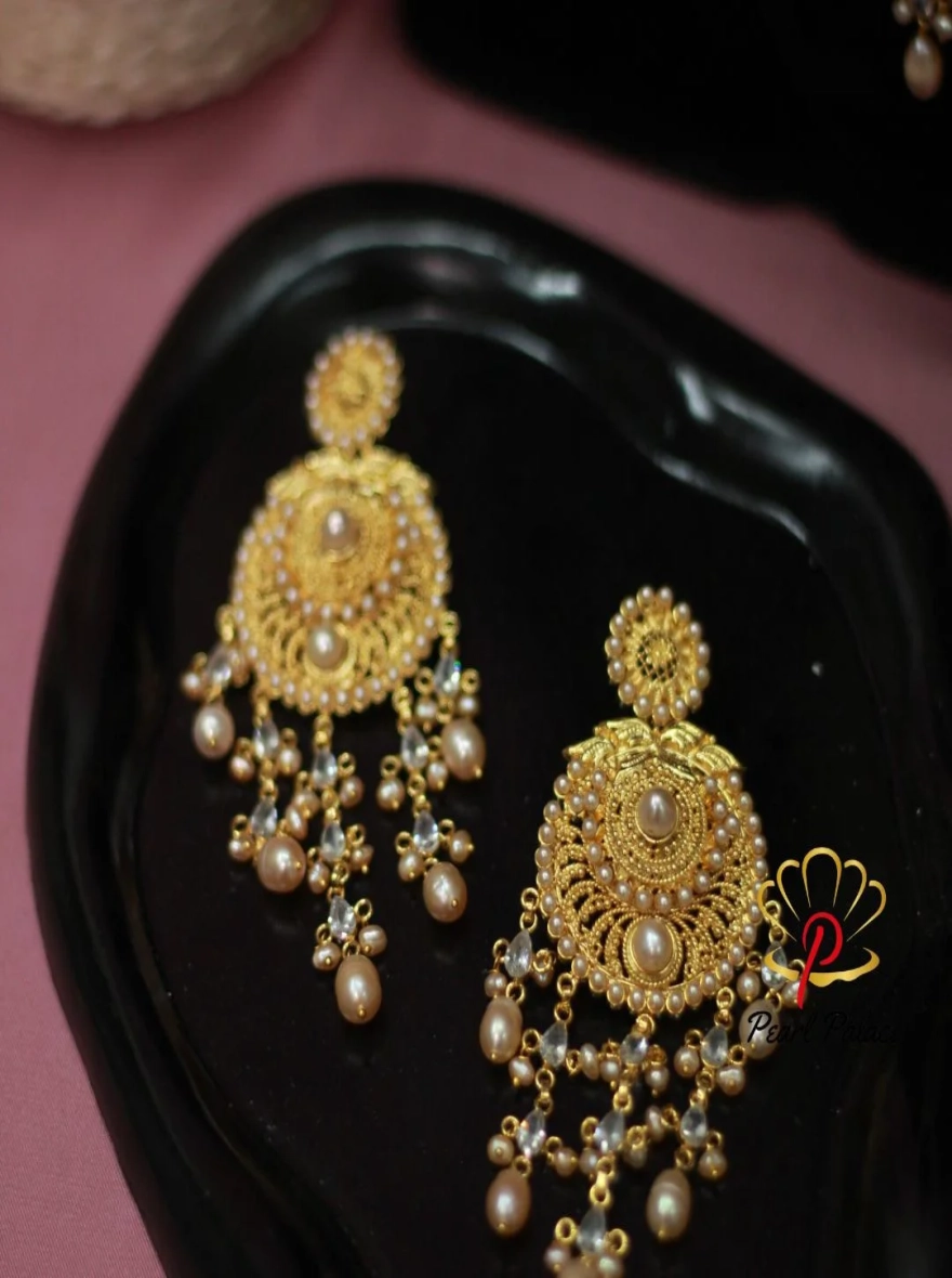 18K Gold Plated with Pink Pearl Bridal Sita Har Necklace Set