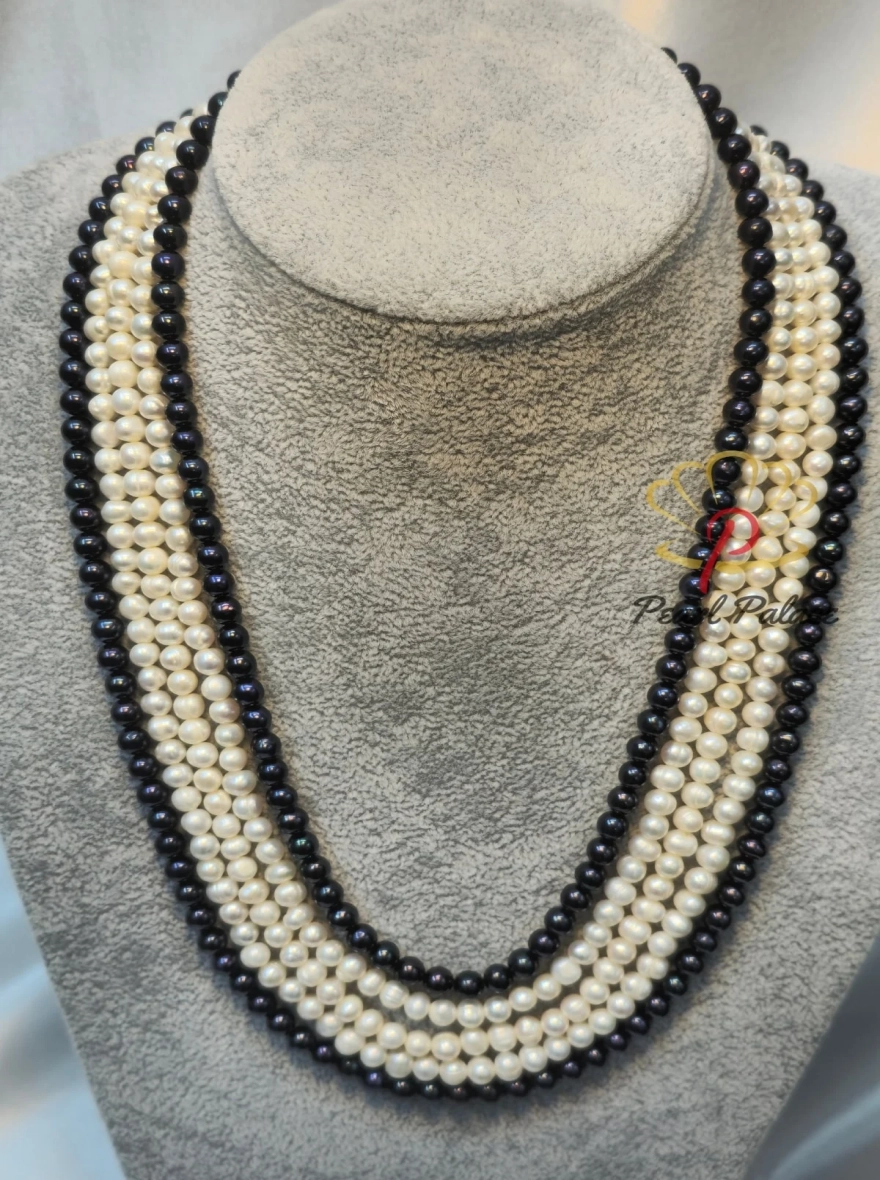 Black and White 5-Layered Pearl Necklace Set.