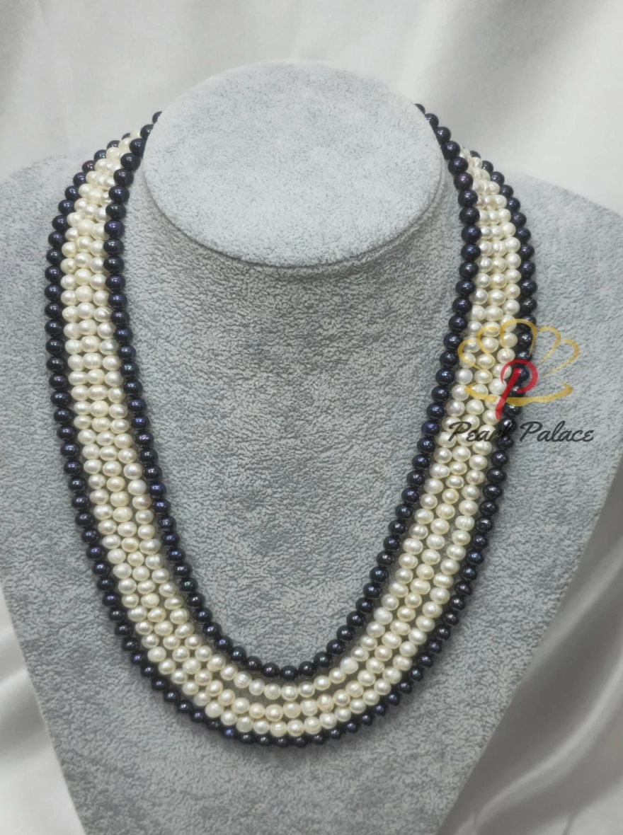 Black and White 5-Layered Pearl Necklace Set.
