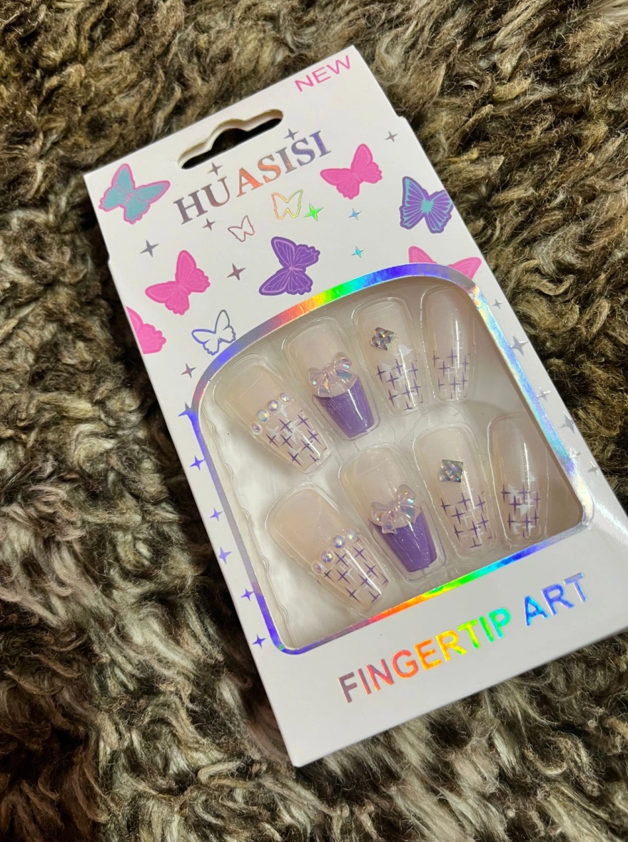 HUASISI Fingertip Art Purple Bow & Star Coffin Nails