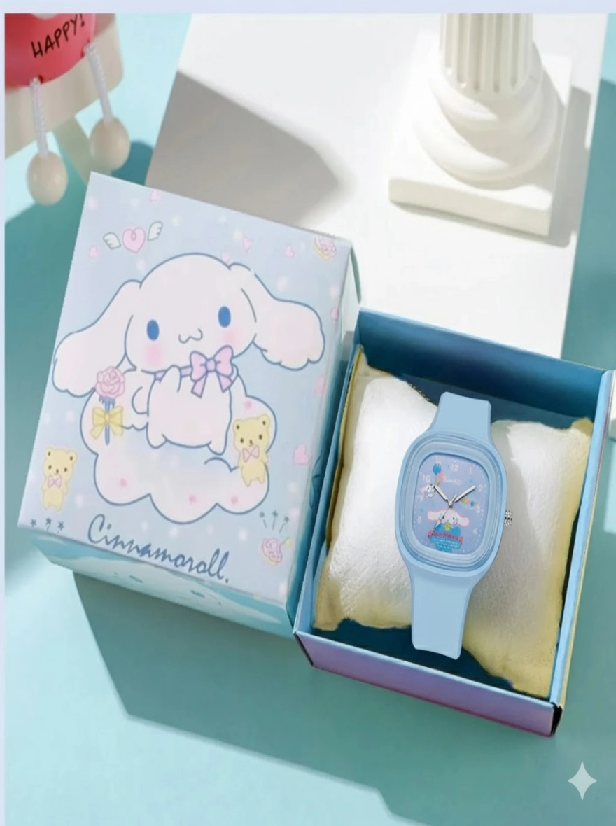 Sanrio cartoon character round dial watch with matching pillow cushion box