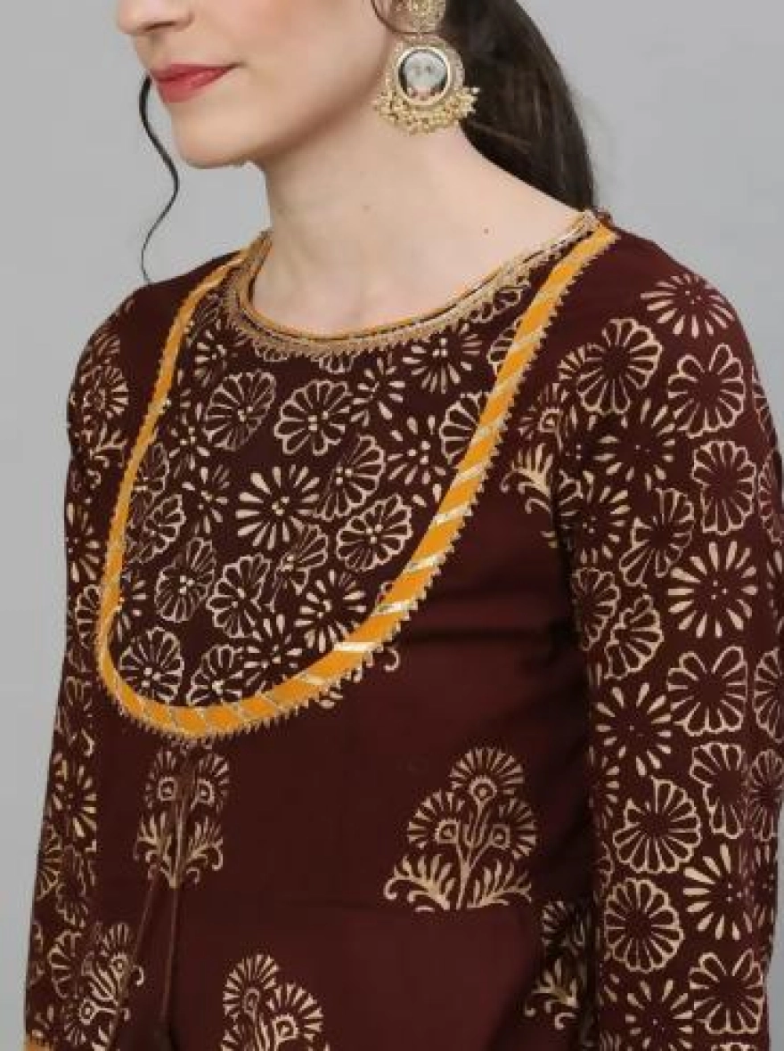 Readymade Full AC Cotton Casual Brown Printed Kurti