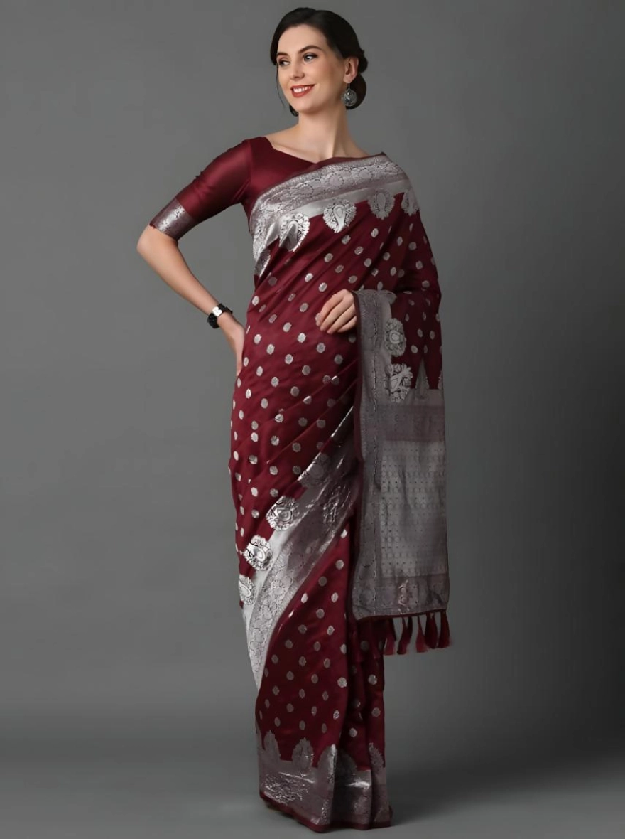 Soft Silk Screen Printed Premium Katan Sharee with Blouse - Maroon