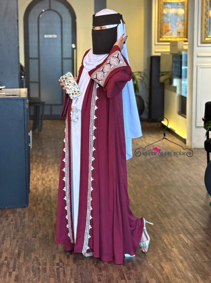 Maroon Grace Lace-Trimmed Open Abaya