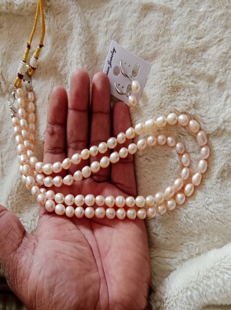 2 layer Rice pearl necklace,Peach colour  