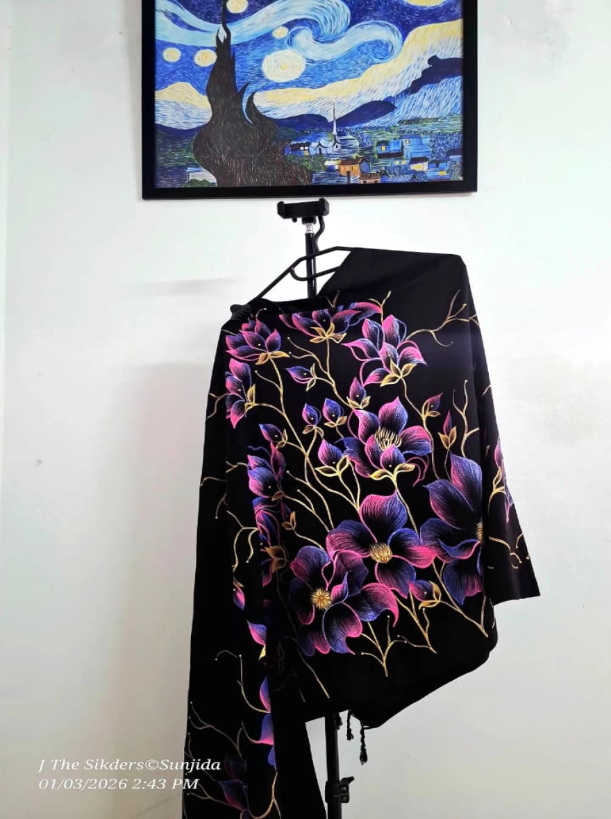 Midnight Orchid Hand-Painted Woolen Shawl