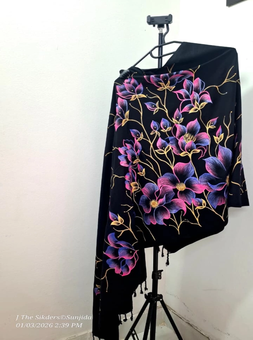 Midnight Orchid Hand-Painted Woolen Shawl