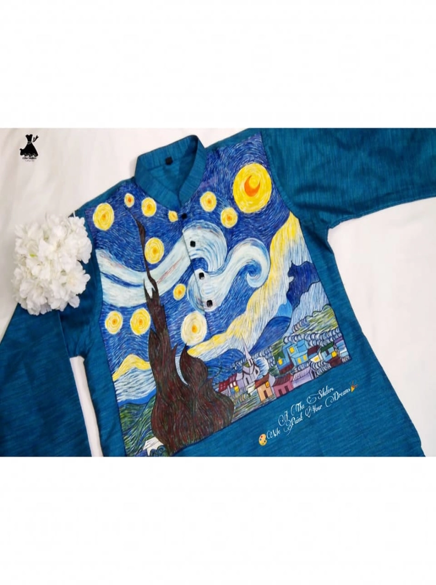 Starry Night Impressionist Hand-Painted Men's Panjabi