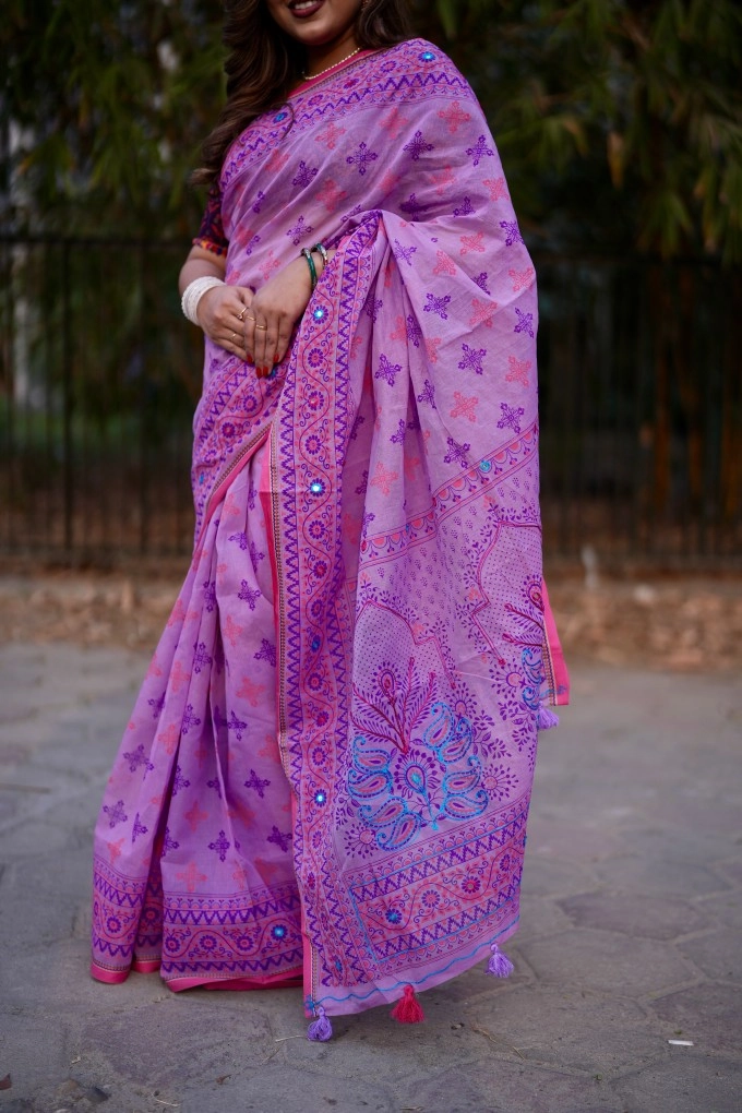 Prijosree Signature Boutique –Multicolour screen Print Saree with tarsel and doller design.