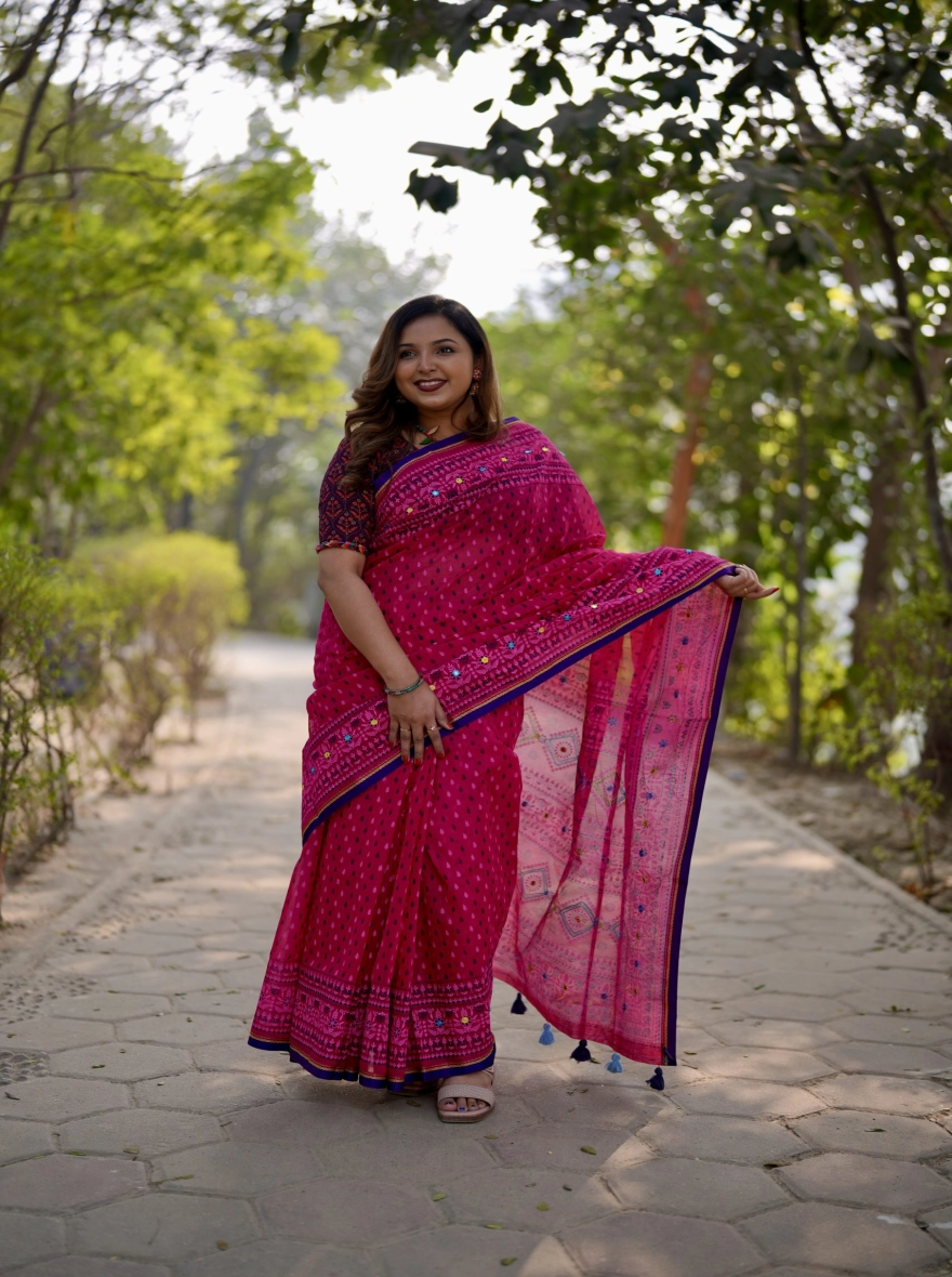 Prijosree Signature Boutique – Vibrant Magenta Screen Print Saree