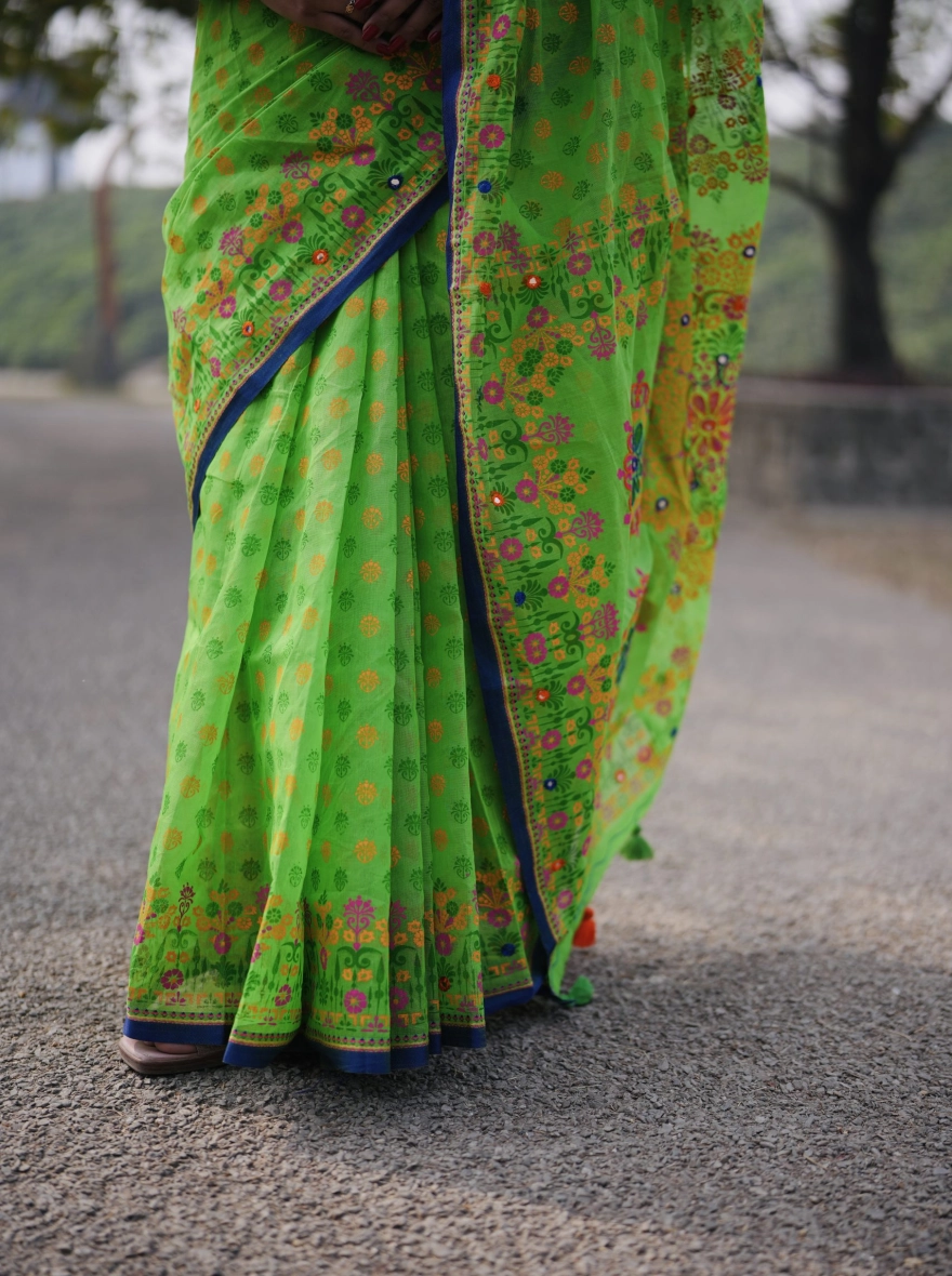 Prijosree Signature Boutique – Parrot Green Floral Print Saree