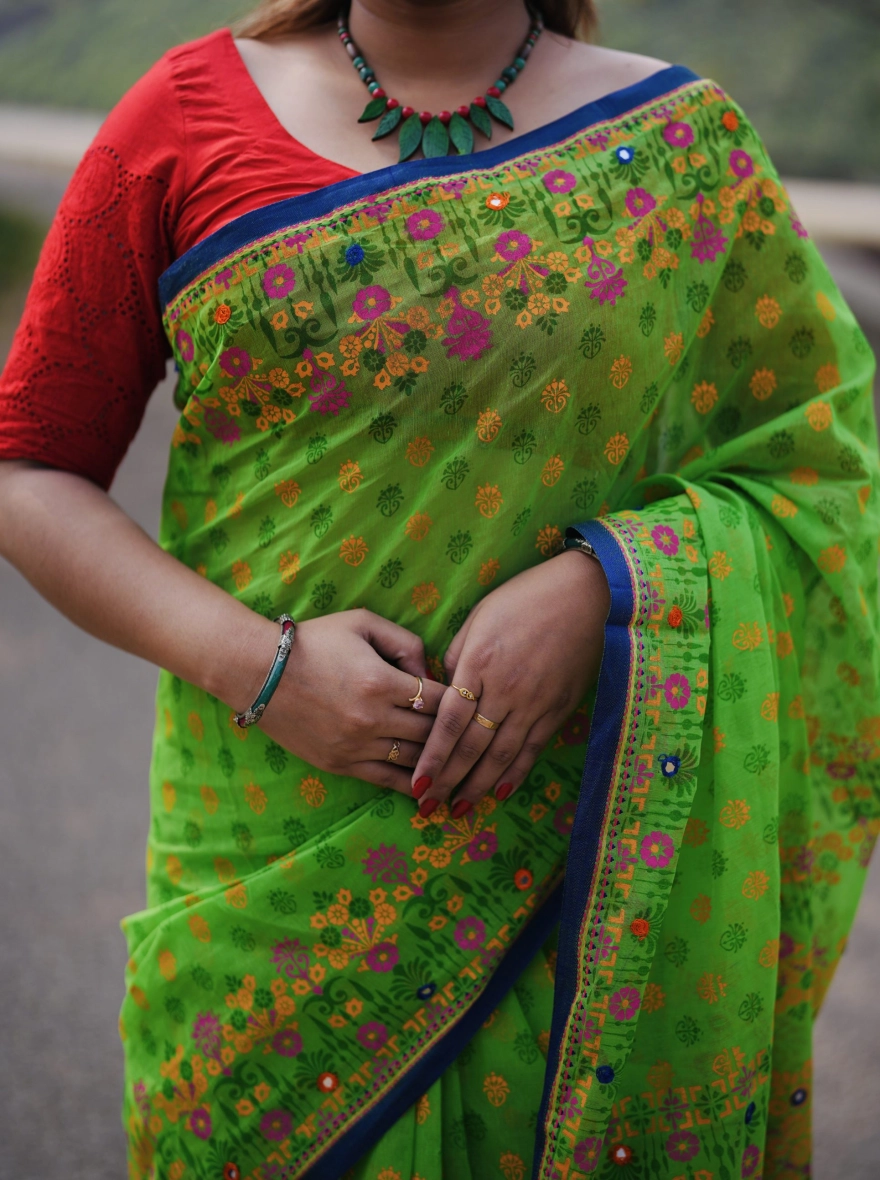 Prijosree Signature Boutique – Parrot Green Floral Print Saree