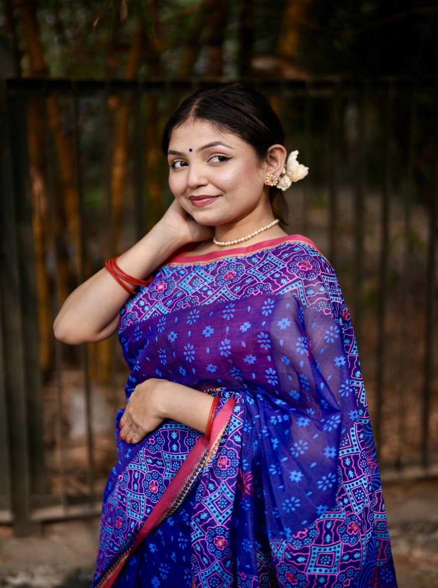 Prijosree Signature Boutique – Royal Blue Multicolor Screen Print Saree