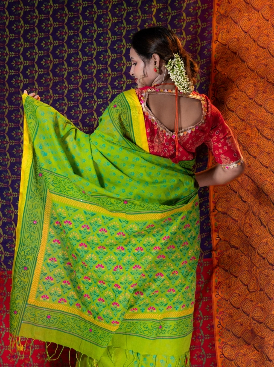 Prijosree Royal Emerald Saree with Doller Stone work and Embroidery