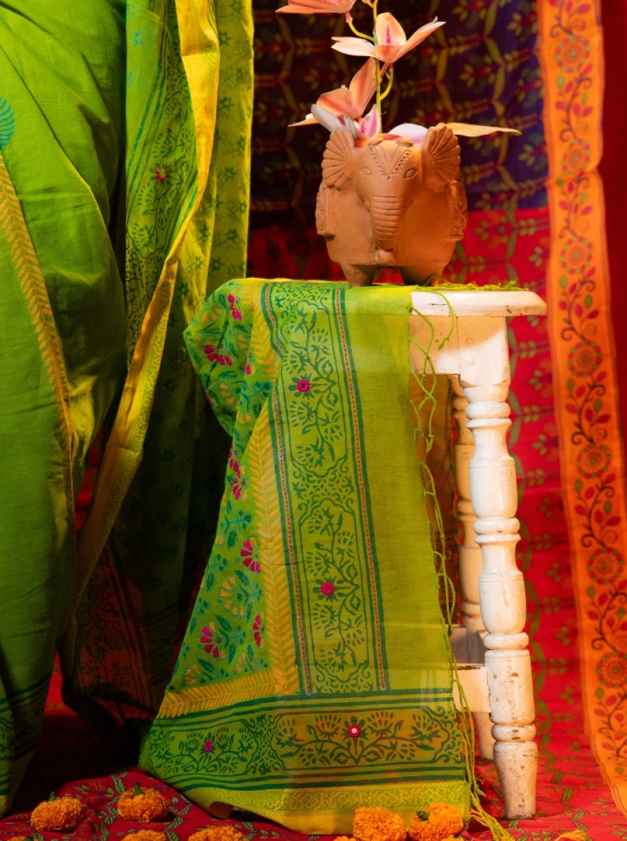 Prijosree Royal Emerald Saree with Doller Stone work and Embroidery