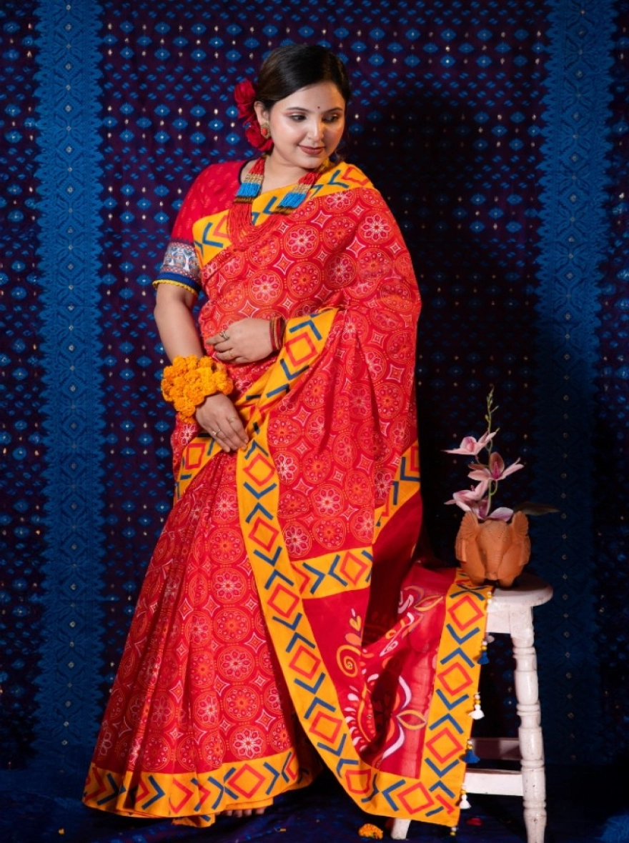 Prijosree Special Ember Print Saree with Artisanal Mirror Accents