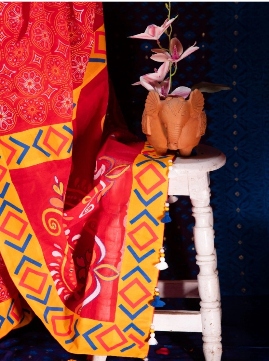 Prijosree Special Ember Print Saree with Artisanal Mirror Accents