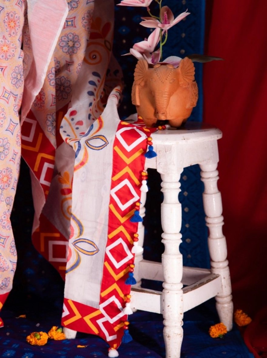 Lavender Bloom Hand-Embroidered Cotton Saree with Mirror Work