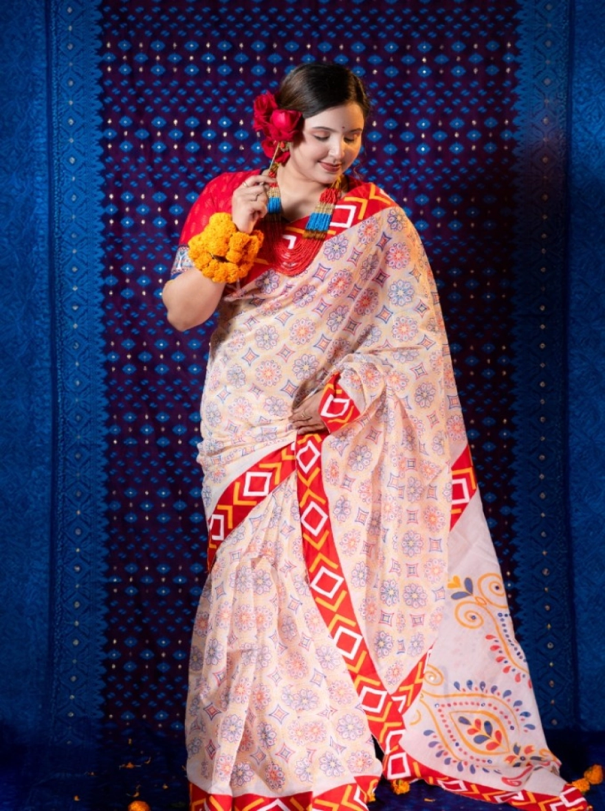 Lavender Bloom Hand-Embroidered Cotton Saree with Mirror Work