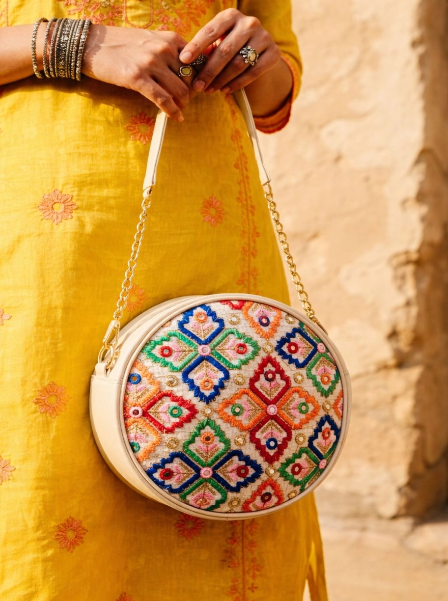 Artisan Bloom Circular Embroidered Crossbody Bag