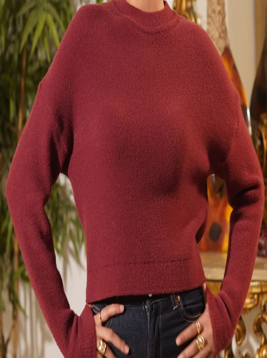 Bordeaux Cropped Textured Mock Neck Sweater
