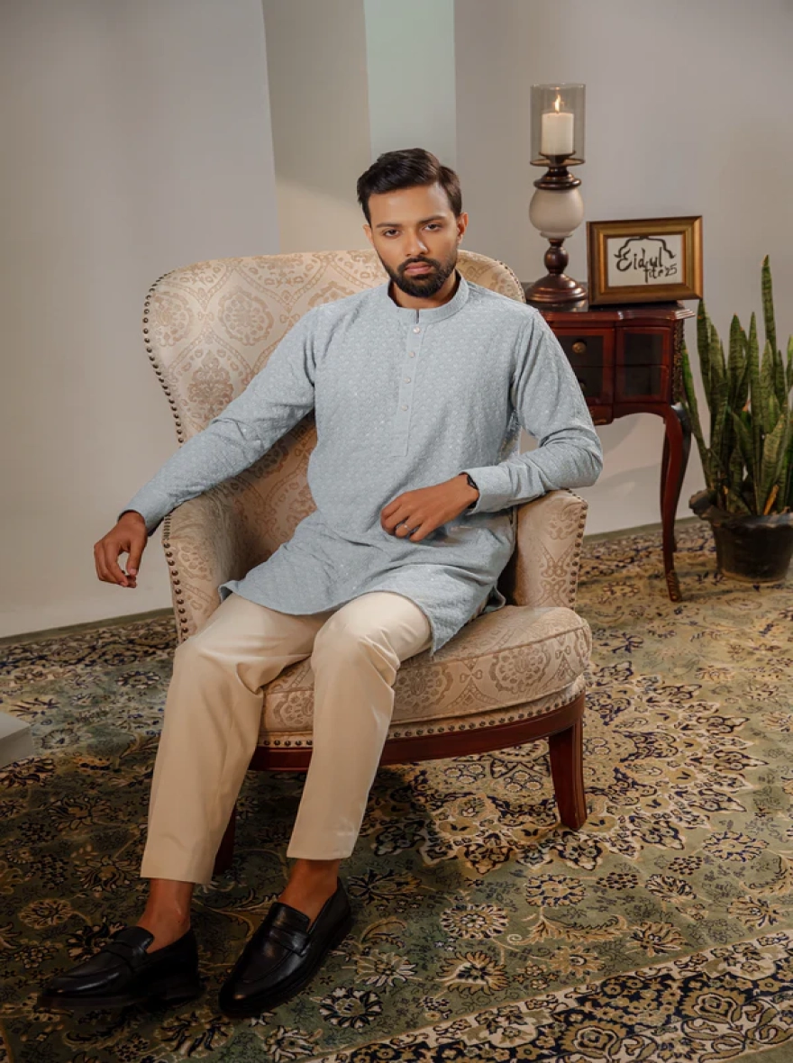 Ayaaz Embroidered Panjabi – Steel Blue