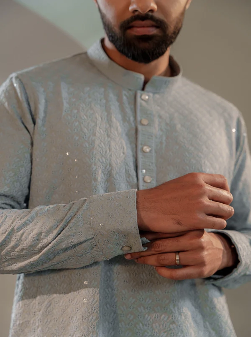 Ayaaz Embroidered Panjabi – Steel Blue