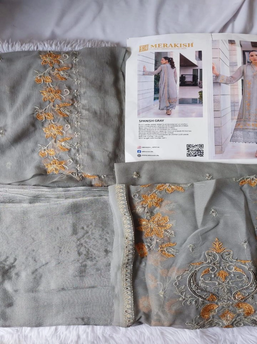 Pakistani Merakish Unstitched Lawn Three Piece - Gray