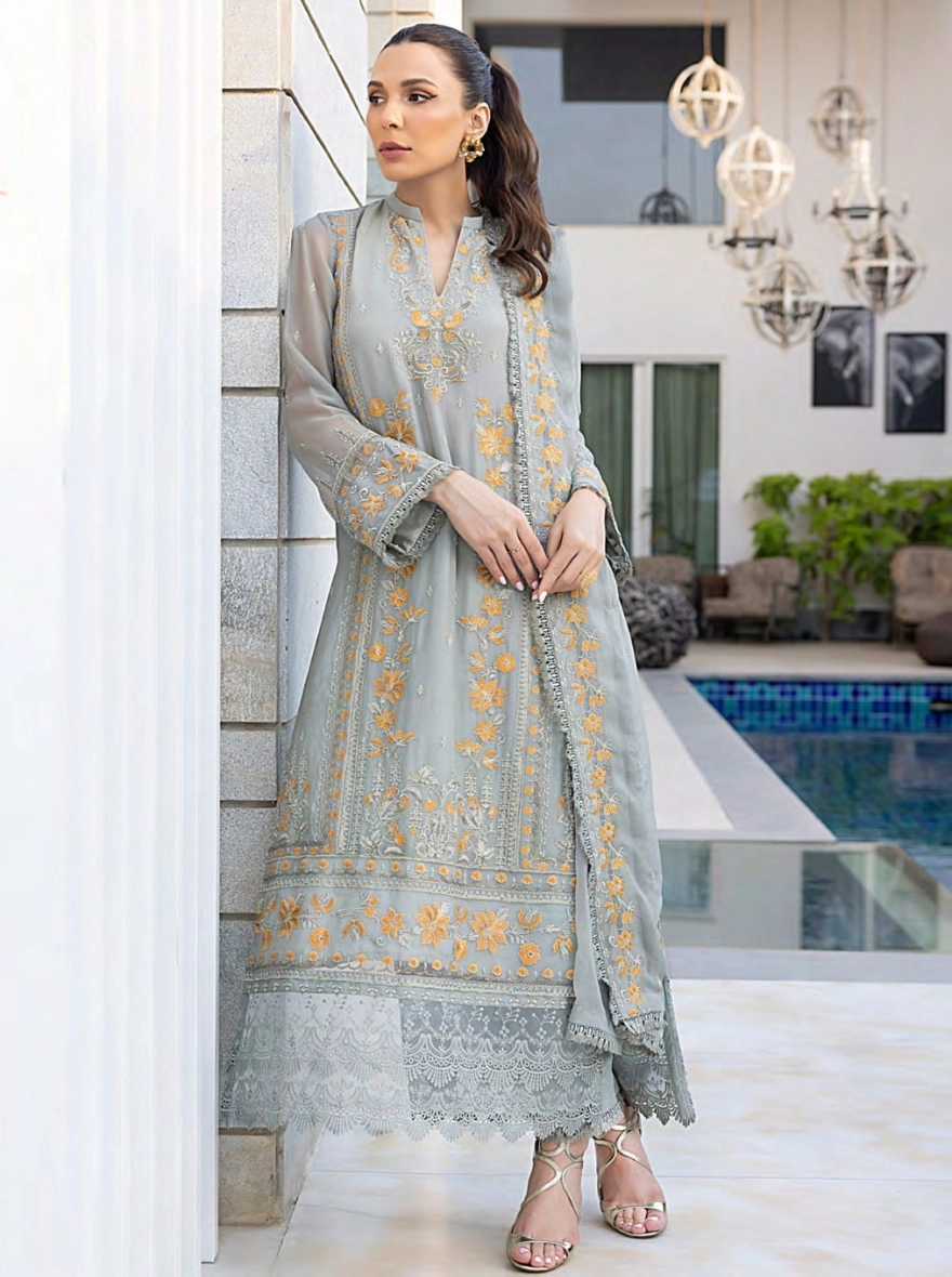 Pakistani Merakish Unstitched Lawn Three Piece - Gray
