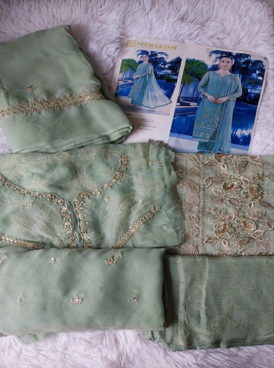 Pakistani Merakish Unstitched Lawn Chiffon Three Piece - Sage Green