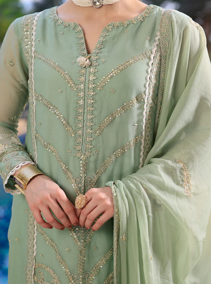 Pakistani Merakish Unstitched Lawn Chiffon Three Piece - Sage Green