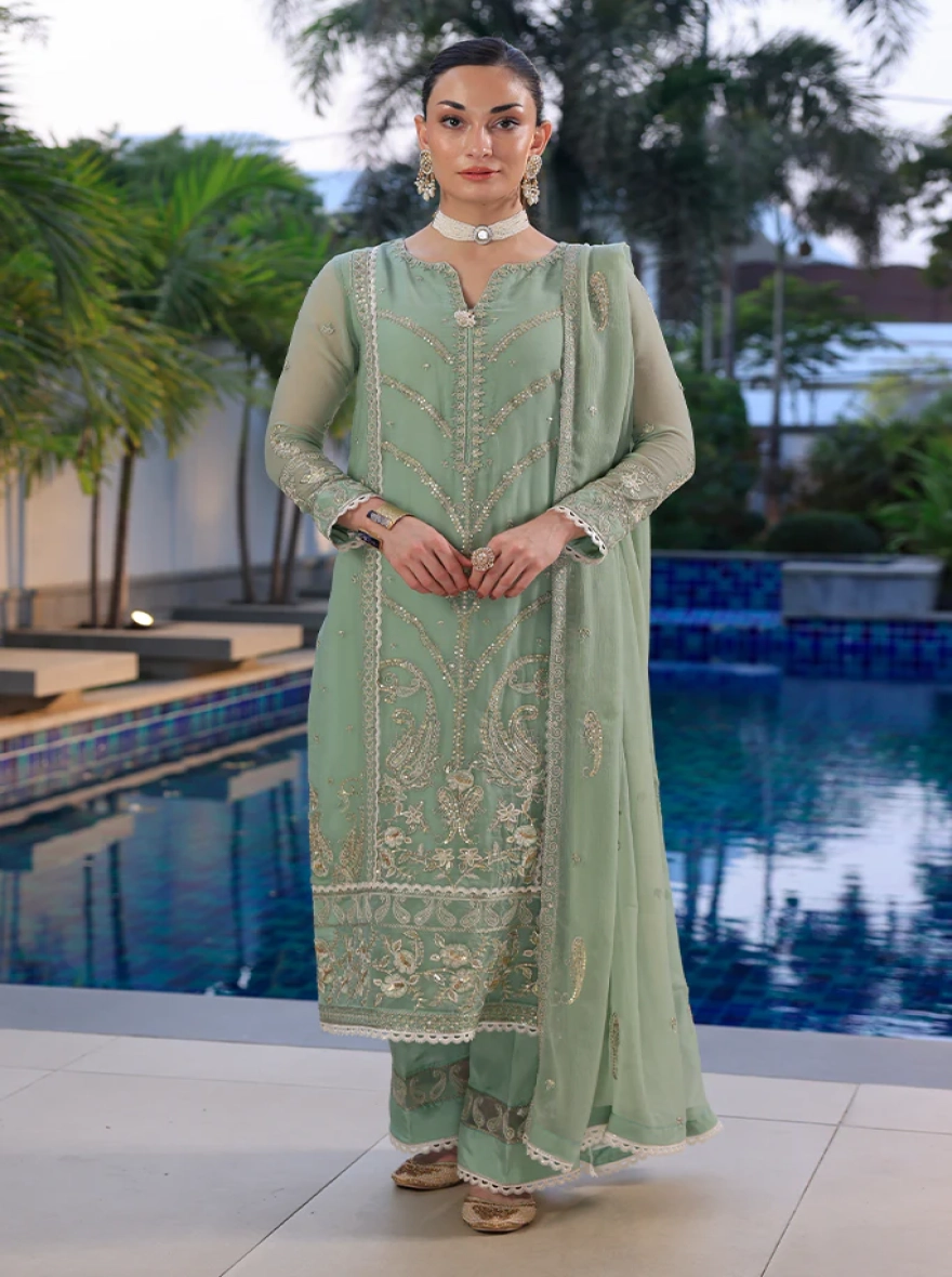 Pakistani Merakish Unstitched Lawn Chiffon Three Piece - Sage Green