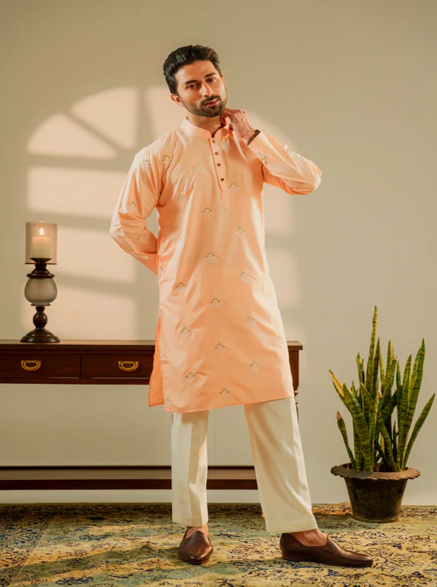 Amir Embroidered Panjabi in Peach