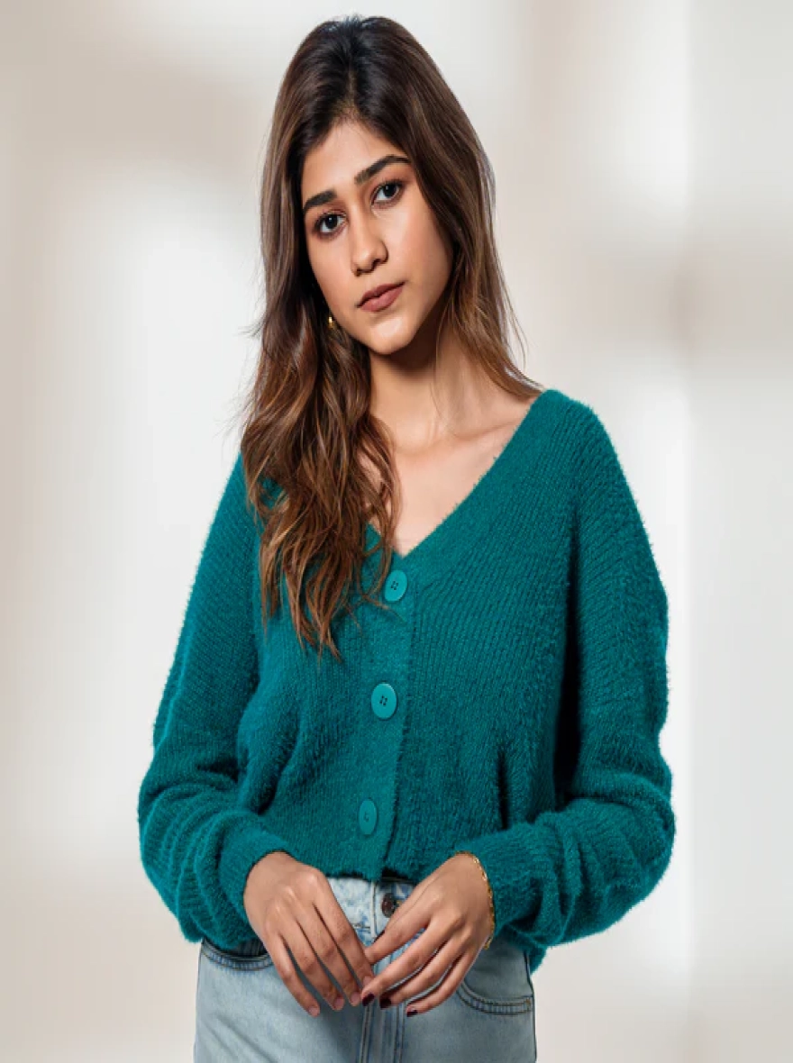 Fuzzy Teal Oversized Cardigan