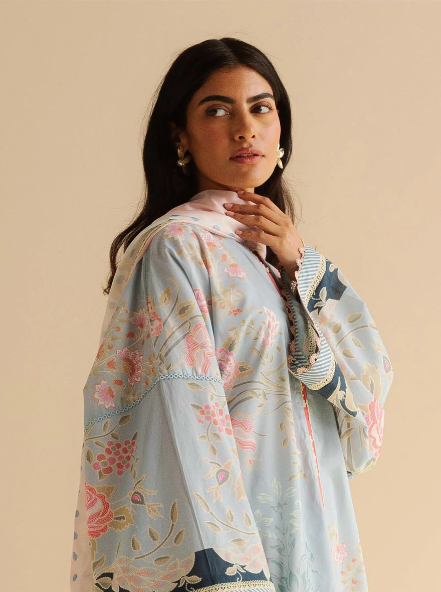 Pakistani Coco Print by Zara Shahjahan unstitched– Light Blue Unstitched 3 Piece Suit