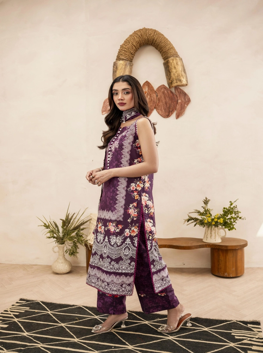 Firdous Special Edition – Plum Regal Flora 3-Piece Suit-Unstitehed