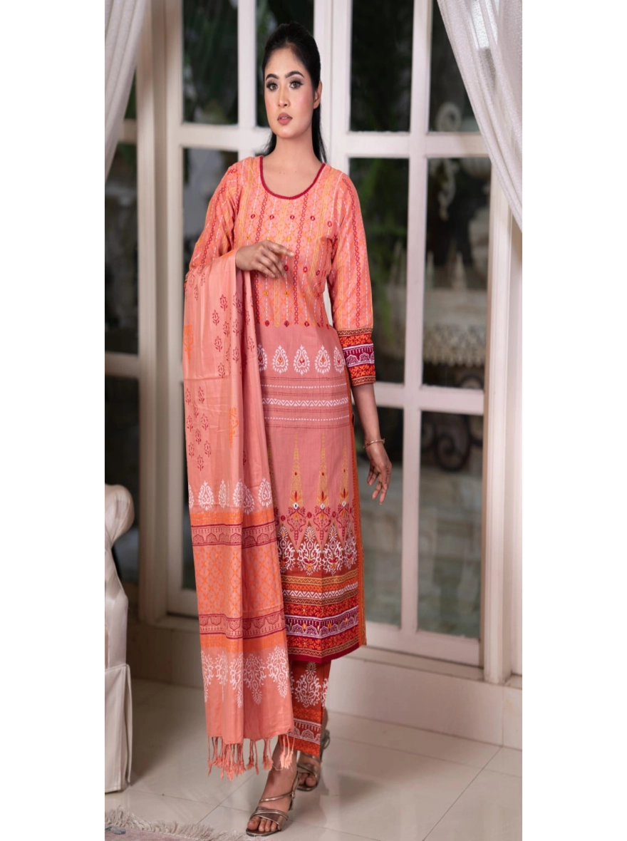 Elegant Embroidered & Block-Print Taat Cotton Three-Piece